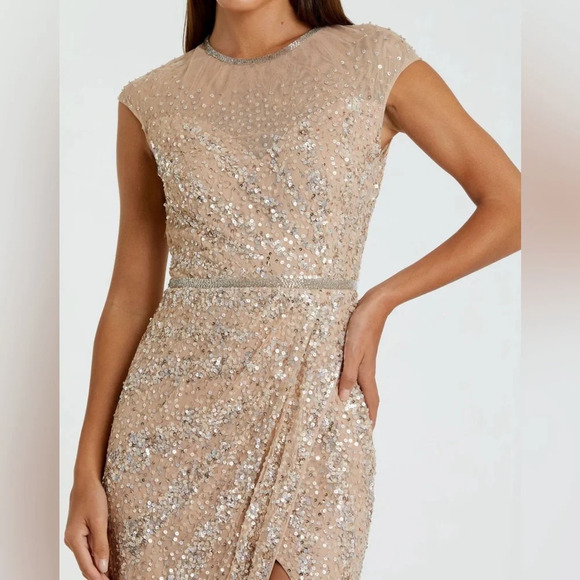 NWT Mac Duggal Beige Embellished Illusion High Neck Cap Sleeve Gown 10 Nude 5619 - Picture 3 of 15